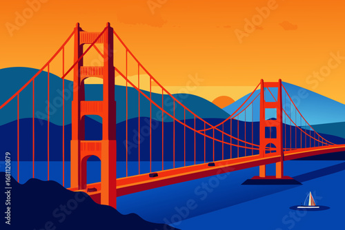 Stylized golden gate bridge at sunset with mountains and sailboat