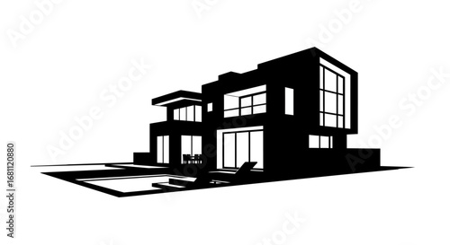 Modern luxury residence silhouette with swimming pool and outdoor seating area on white background