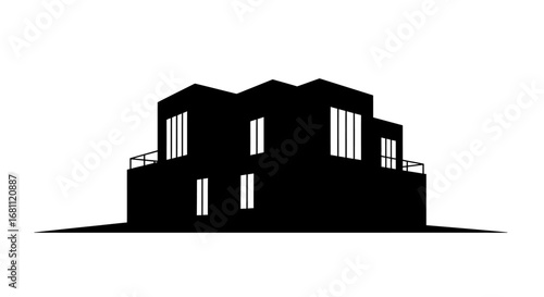 Modern black silhouette of a two story house with large windows and balconies on a white background