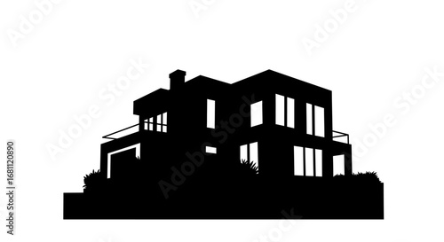 Modern black silhouette of a two story house with large windows and balcony on white background