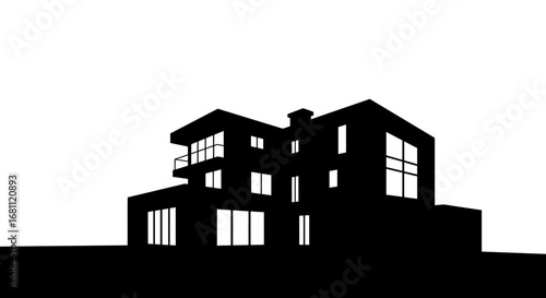 Modern architectural silhouette of a luxurious multi story house with large windows and balconies against a white background