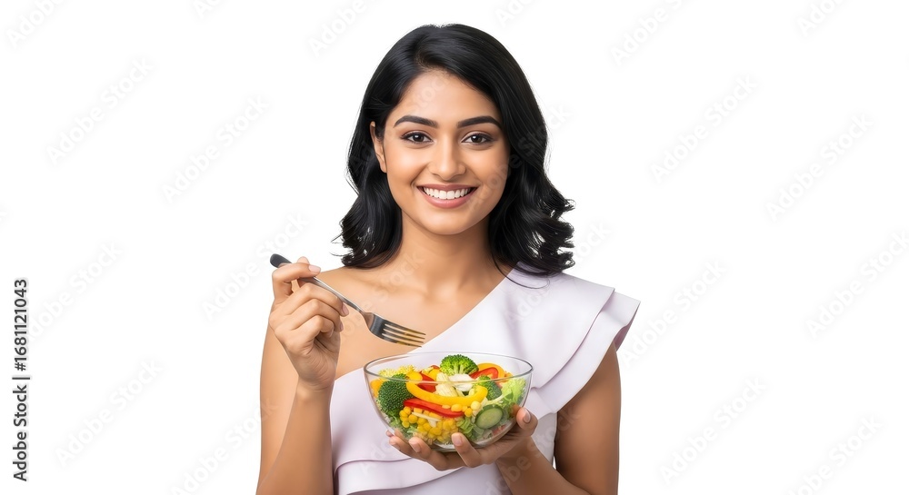 A smiling woman holding a bowl of salad with a fork against a white studio background portrait A smiling woman holding a bowl of salad with a fork against a white studio background portrait