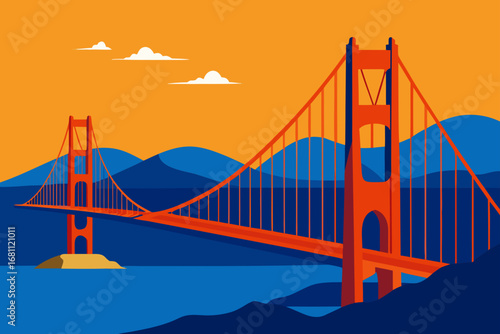 Stylized golden gate bridge at sunset with orange sky and blue hills