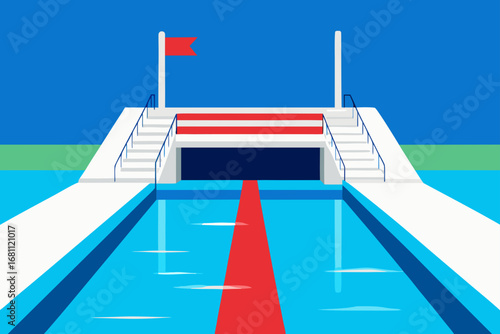 Modern olympic swimming pool with diving platform and red lane marker