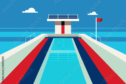 Modern olympic swimming pool with diving platform and red flag