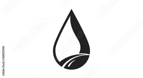 Abstract black silhouette of a stylized flame or water droplet with a subtle leaf detail