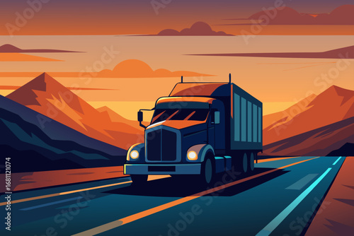 Truck driving on highway at sunset with mountains