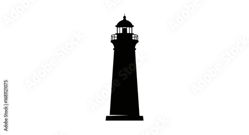 Classic black silhouette of a tall lighthouse standing against a stark white background