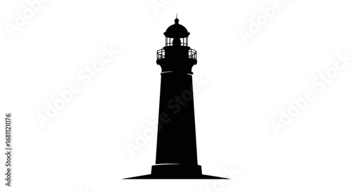 A stark black silhouette of a tall classic lighthouse stands isolated against a pure white background