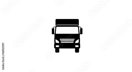 Black silhouette of a modern semi trailer truck viewed from a direct front facing perspective isolated on white