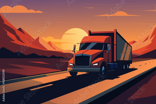 Truck driving on a desert road at sunset