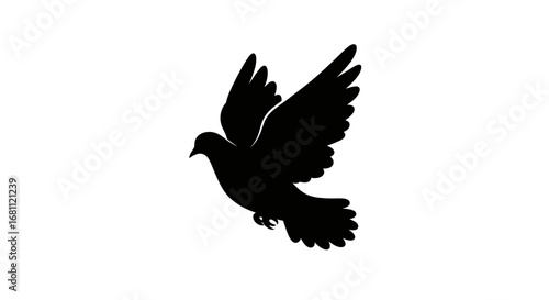 Silhouette of a black dove in flight with wings spread against a white background symbolizing peace and freedom