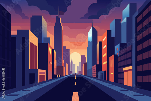 Urban skyline at sunset with road leading to distant cityscape