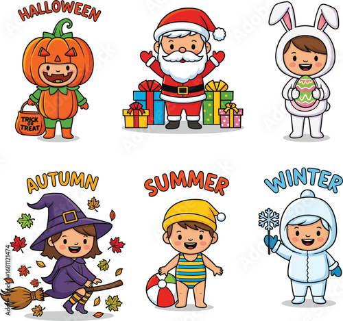 Cartoon children in seasonal costumes, holiday celebration set, festive vector bundle, Halloween, Christmas, Easter, summer, winter, autumn