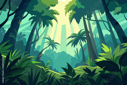 Lush jungle canopy with sunbeams piercing through dense foliage