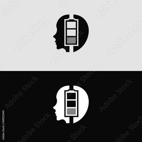 A compelling black and white logo design featuring a human head silhouette integrated with a battery symbol, representing mental energy, power, and the potential for innovative ideas
