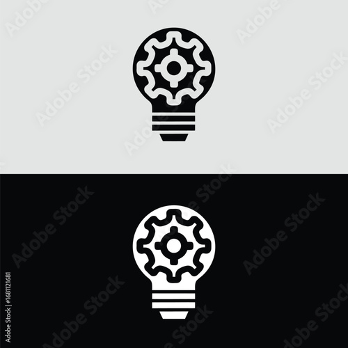 A striking black and white logo design showcasing a lightbulb intertwined with a gear, representing the synergy of innovation, technology, and the creation of ingenious solutions