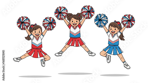 Cheerful Cheerleaders: A group of spirited young cheerleaders performing a dynamic jump, raising their colorful pom-poms high against an off-white background.