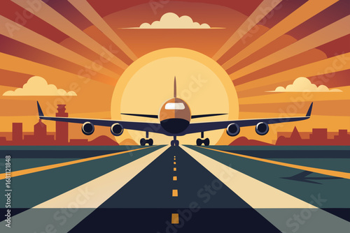 Airplane on runway at sunset with city skyline