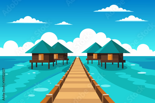 Tropical overwater bungalows on a pier in turquoise water