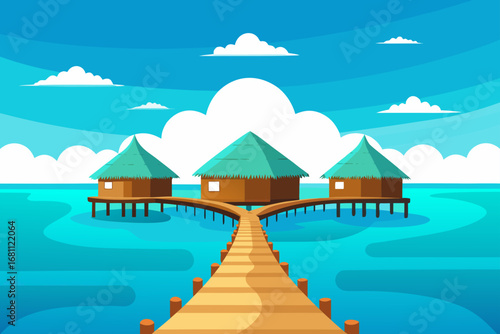 Tropical overwater bungalows connected by a wooden pier
