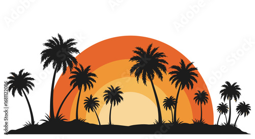 Vibrant tropical sunset silhouette with lush palm trees casting shadows on a sandy island shore