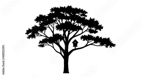 Silhouette of a large deciduous tree with a birdhouse nestled among its branches on a white background