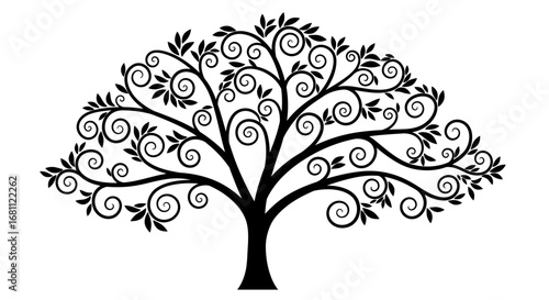 Elegant black silhouette of a stylized tree with swirling branches and decorative leaves on a white background