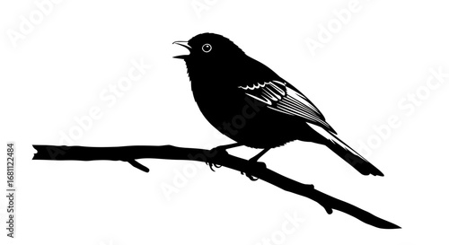 Silhouette of a small songbird perched on a branch with its beak open as if singing