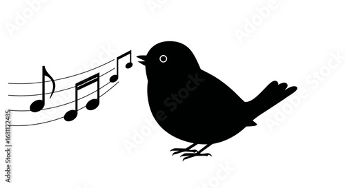Chirping blackbird silhouette singing a melody of musical notes on a white background