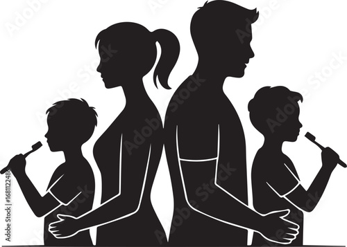 Family silhouette brushing teeth together in a shape