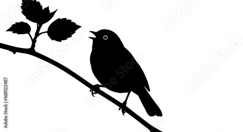 Silhouette of a small bird perched on a branch singing with its beak open against a white background