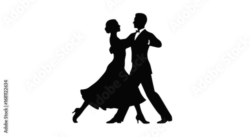 Elegant silhouette of a couple dancing ballroom waltz in formal attire against a white background