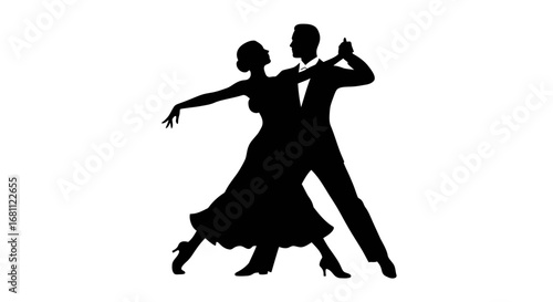 Elegant silhouette of a couple dancing ballroom waltz with grace and passion on a white background