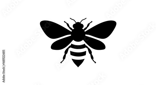 Stylized black silhouette of a bee with detailed wings and striped abdomen on a white background