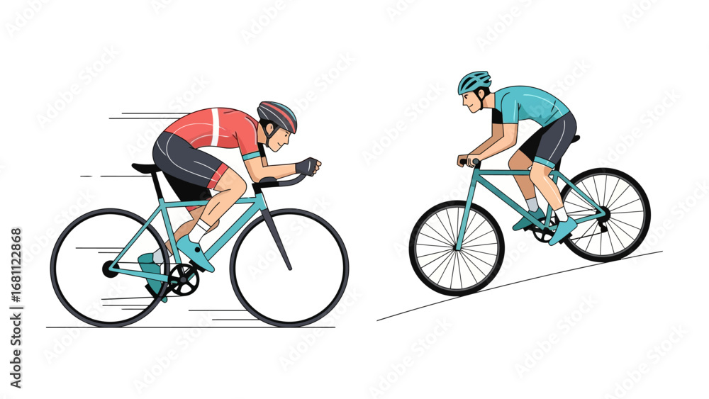 Obraz premium Cycling Pursuit: Two cyclists engaging in intense riding, one in a streamlined time trial stance and the other tackling a steep climb, epitomizing the spirit of the sport.
