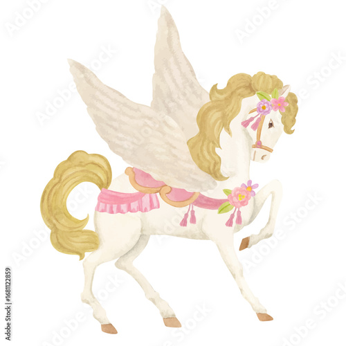 午年の年賀状用のカラフルなメリーゴーランドのイラスト