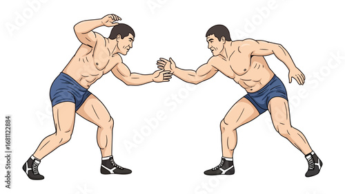 Wrestling Showdown: Two determined wrestlers engage in a dynamic match, showcasing strength, technique, and competitive spirit in a moment of intense action.