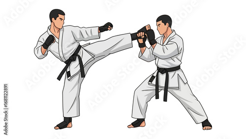Dynamic Duo: Capturing the essence of traditional martial arts, this illustration showcases two figures engaged in a powerful, focused martial arts exercise. Highlighting discipline and skill.