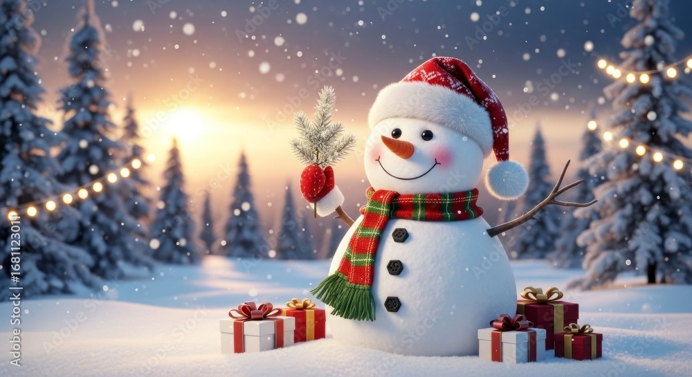 Obraz premium Joyful Snowman with Gifts in Snowy Forest at Sunset.