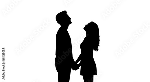 Silhouetted couple holding hands looking upwards together against a bright white background