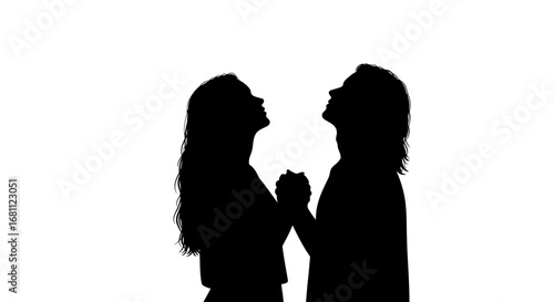 Two women silhouetted against a white background looking upwards with hands clasped together in prayer or hope