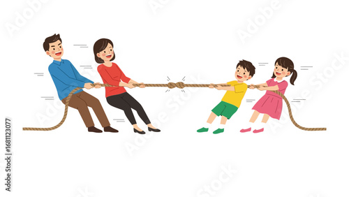 Family tug-of-war: A happy family participates in a tug-of-war, symbolizing teamwork, support and fun. Capturing the spirit of togetherness and recreational activities.