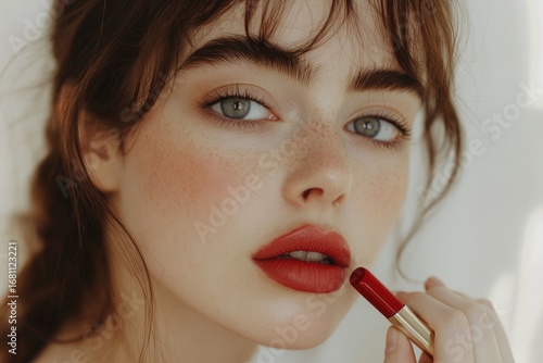A beautiful woman with brown hair and gray eyes is holding a red lipstick in her hand, in a close-up of her face.