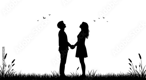 Romantic silhouette of a couple holding hands under a sky with floating dandelions and tall grass