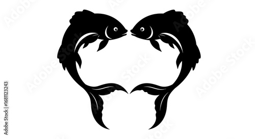 Two stylized black koi fish facing each other creating a heart shape on a white background