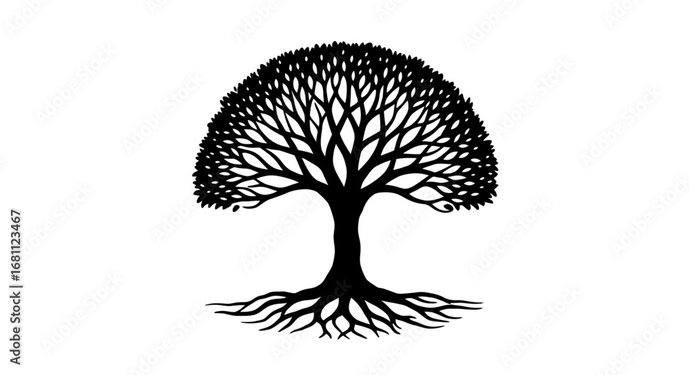 Obraz premium Stylized silhouette of a majestic tree with intricate branches and visible roots on a white background
