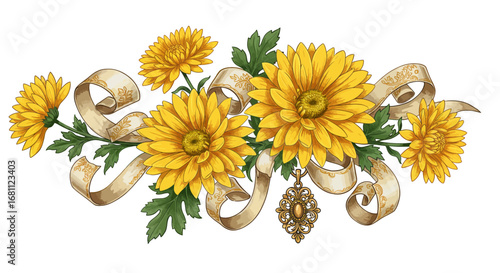 Yellow chrysanthemums and a ribbon with a pendant
