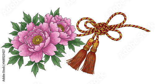 Pink peonies with green leaves beside a red and gold knot with tassels