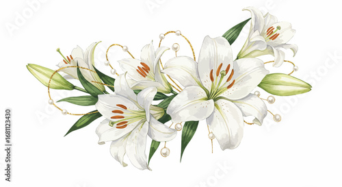 A white lily arrangement with golden accents and pearls
